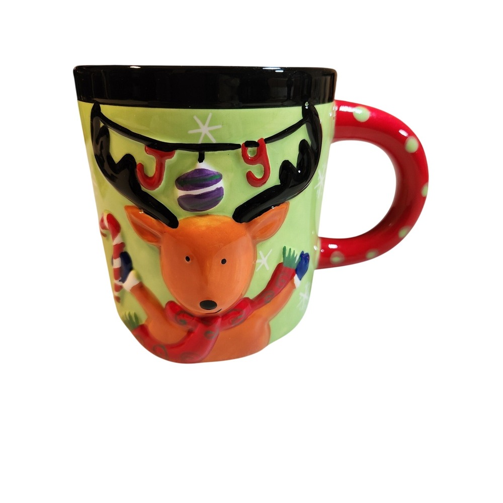 Festive Christmas Large 3D Reindeer Mug‎ Green Red Handle Snowflakes Joy Holiday